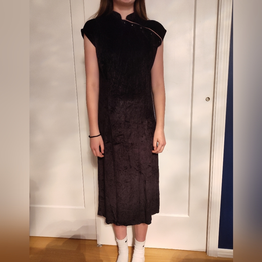 Vintage black velvet dress with unique neckline